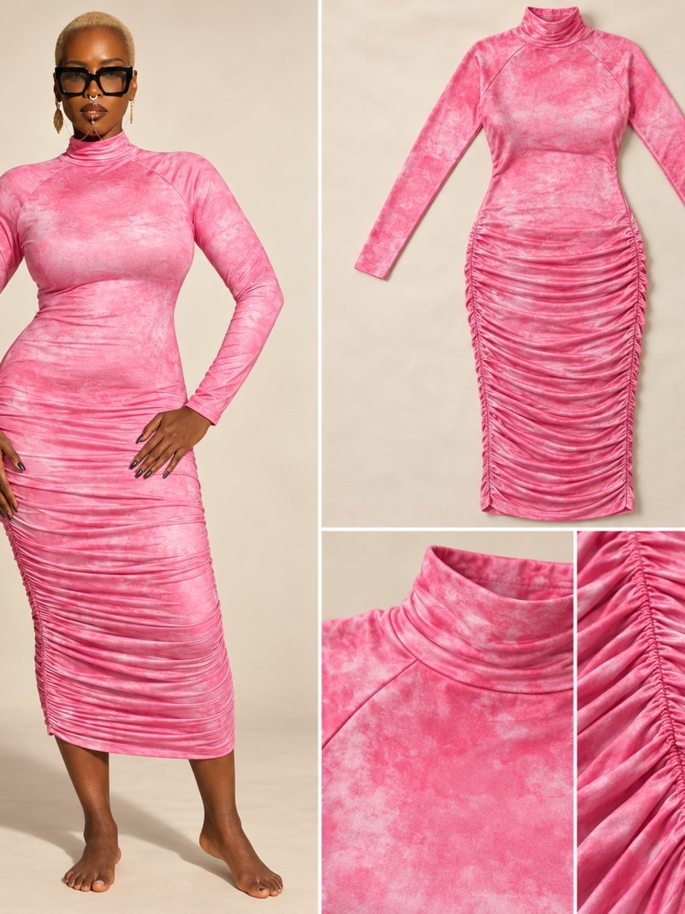 Long Sleeve Ruched Pink Turtleneck Midi Dress